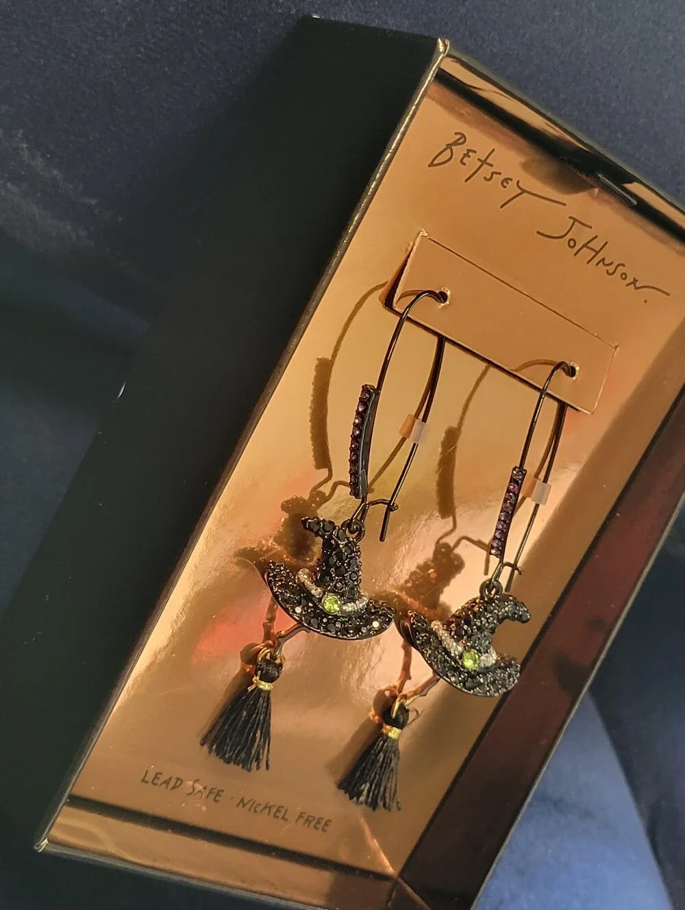 Betsey Johnson Black and Green Witch Hat Tassel Earrings